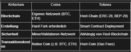 Coins vs. Tokens comparison table – differences in blockchain, creation, security, and transaction costs in the 2025 crypto market