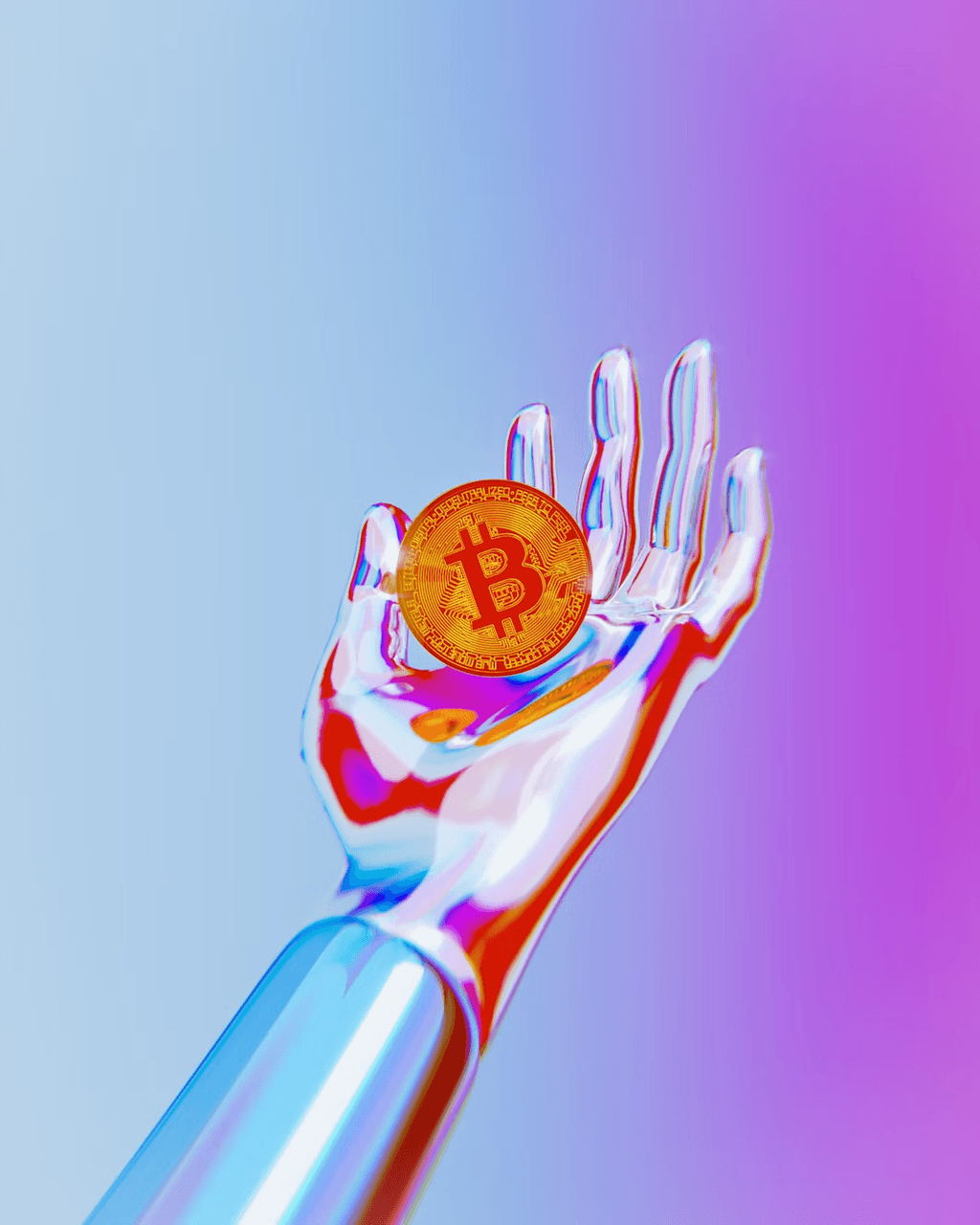 Futuristic, transparent hand holding a golden Bitcoin coin in front of a colorful gradient of blue, pink, and purple.