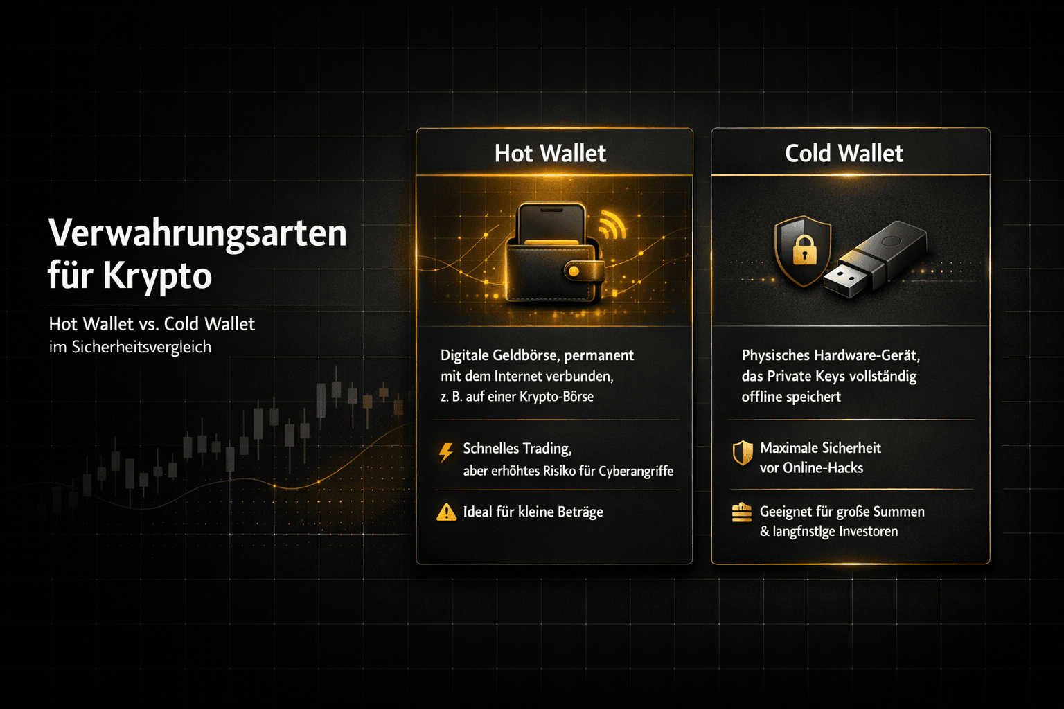 Comparison: Hot Wallet vs. Cold Wallet – Infographic shows differences in internet connection, security against hacks, and suitability (trading vs. large sums).